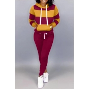 Lovely Casual Hooded Collar Patchwork Wine Red Two