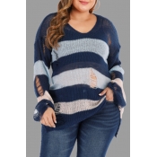 Lovely Casual Striped Blue Plus Size Sweater