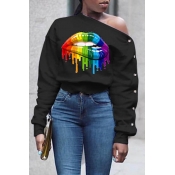 Lovely Casual Asymmetrical Neckline Lip Printed Bl