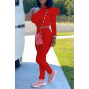 Lovely Casual One Shoulder Red Two-piece Pants Set