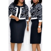 Lovely Casual Printed Black Knee Length Plus Size 