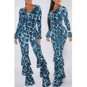 Lovely Casual Leopard Printed Blue One-piece Jumps
