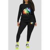 Lovely Leisure Lip Printed Black Plus Size Two-pie