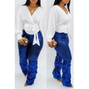 Lovely Casual Ruffle Design Blue Pants