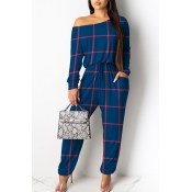 Lovely Casual Grid Printed Blue One-piece Jumpsuit
