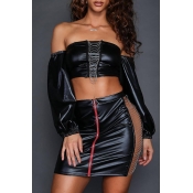 Lovely Sexy Hollow-out Black Two-piece Skirt Set