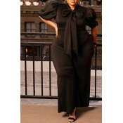 Lovely Casual Lace-up Black Plus Size One-piece Ju
