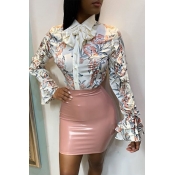 LW Turndown Collar Floral Print Flared Blouse