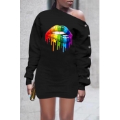 Lovely Casual Lip Printed Black Mini Dress