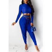 Lovely Casual Crop Top Blue Two-piece Pants Set(Wi
