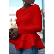 Lovely Trendy Flounce Design Red Blouse