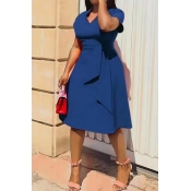 Lovely Casual V Neck Asymmetrical Blue Knee Length