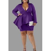 Lovely Casual V Neck Purple Plus Size Two-piece Sk