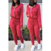 Lovely Casual Hooded Collar Red Two-piece Pants Se