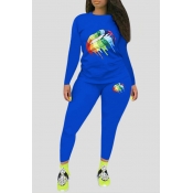 Lovely Leisure Lip Printed Blue Plus Size Two-piec