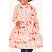 Lovely Sweet Printed Pink Knee Length Girls Dress
