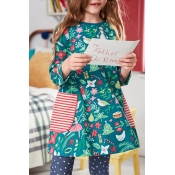 Lovely Sweet Printed Cyan Knee Length Girls Dress