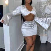 Lovely Sexy Crop Top White Two-piece Skirt Set