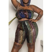 Lovely Sexy Sequined Black Plus Size Two-piece Sho