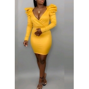 Lovely Sweet V Neck Flounce Yellow Mini Dress