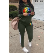 LW Casual Lip Printed Army Green Two Piece Pants S