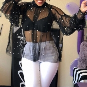 Lovely Sexy Turtleneck See-through Black Blouse