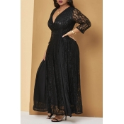 Lovely Casual V Neck Black Ankle Length Plus Size 