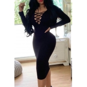 Lovely Trendy Hollow-out Black Knee Length Dress