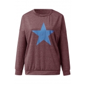 Lovely Casual O Neck Star Dull Red Sweatshirt Hood