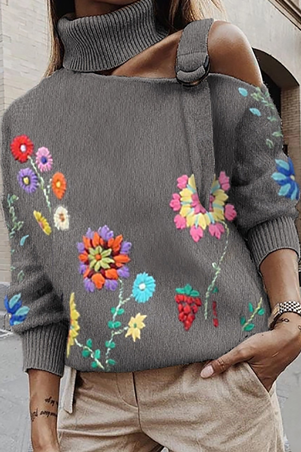 Lovely Casual Embroidered Design Grey Sweater