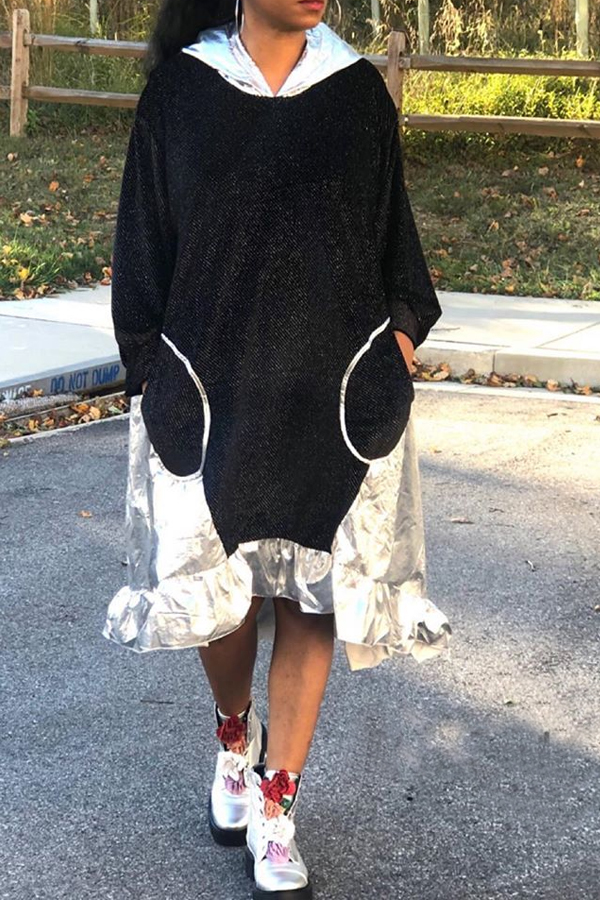 Lovely Sweet Patchwork Black Mid Calf Dress
