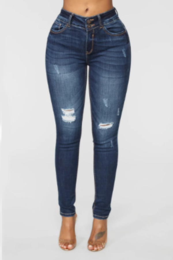 Lovely Casual Broken Holes Skinny Deep Blue Jeans
