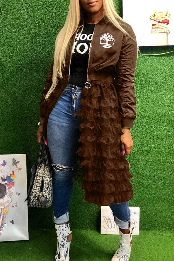 Lovely Casual Ruffle Design Brown Coat
