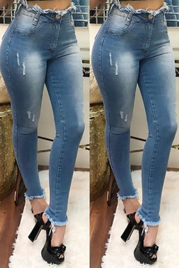 Lovely Casual Raw Edge Deep Blue Jeans