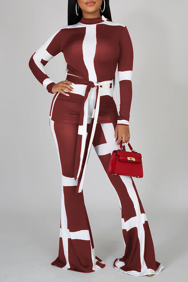 Lovely Casual Patchwork Wine Red Two-piece Pants Set