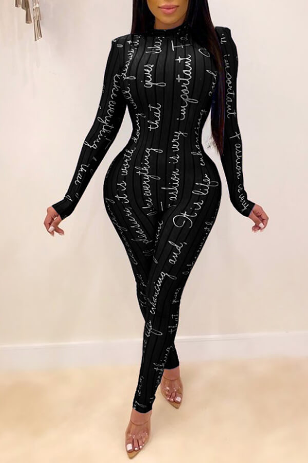 Lovely Chic Letter Print Skinny Black One-piece Jumpsuit