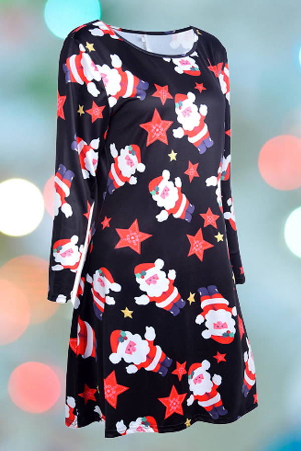 Lovely Christmas Day Printed Bright Red Knee Length Plus Size Dress