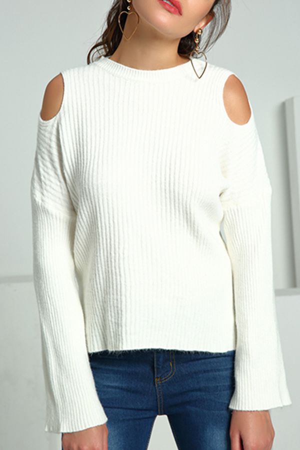 Lovely Casual Dew Shoulder White Knitting Sweaters