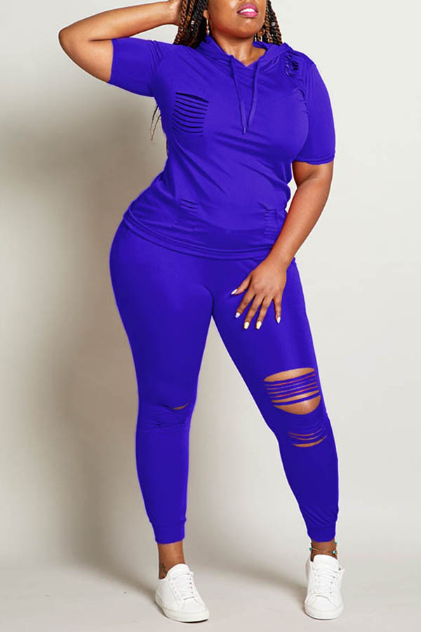 Lovely Plus Size Casual Hollow-out Royal Blue Two-piece Pants Set