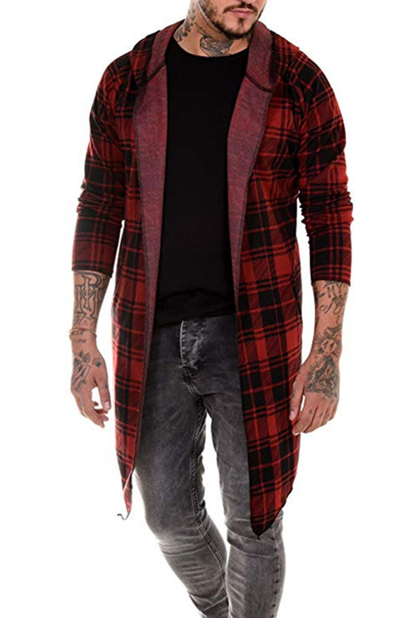 Lovely Casual Plaid Long Red Cardigan