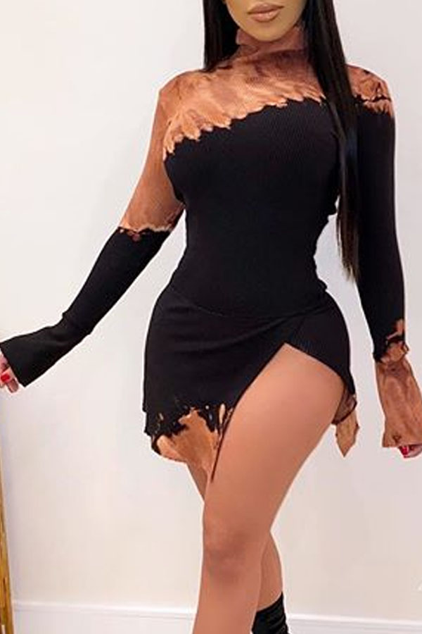 Lovely Casual Turtleneck Patchwork Black Mini Printed Dress