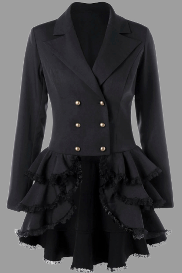 Lovely Casual Turn-back Collar Flounce Design Black Plus Size Coat