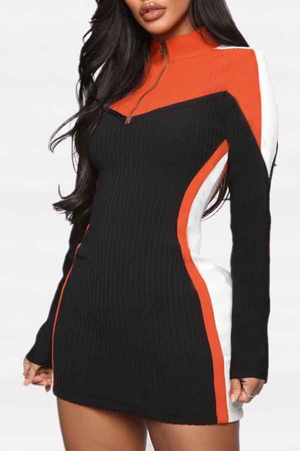 Lovely Casual Turtleneck Patchwork Jacinth Mini Dress