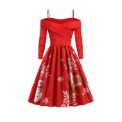 Lovely Christmas Day Ruffle Design Printed Red Mid