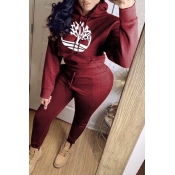 Lovely Casual Hooded Collar Wine Red Two-piece Pan