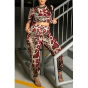 lovely Leisure Print Wine Red Plus Size Two-piece 