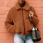Lovely Casual Basic Zipper Design Deep Camel Coat