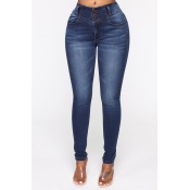 Lovely Casual Buttons Design Deep Blue Jeans