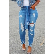 Lovely Casual Broken Holes Baby Blue Jeans