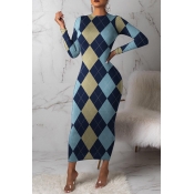 Lovely Trendy Grid Printed Blue Ankle Length Dress